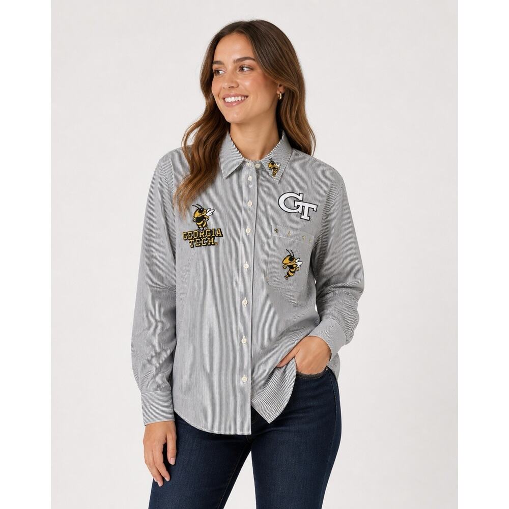 Las Olas Georgia Tech Yellow Jackets Black White Striped Button Up Shirt Women S